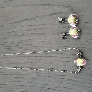 Handmade Glass Pink and Green Necklace and Earring Set Girls Women's